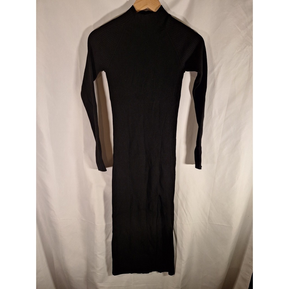 Wilfred Aritzia Black Ribbed Mock Neck Midi Dress Long Sleeve Slit Small